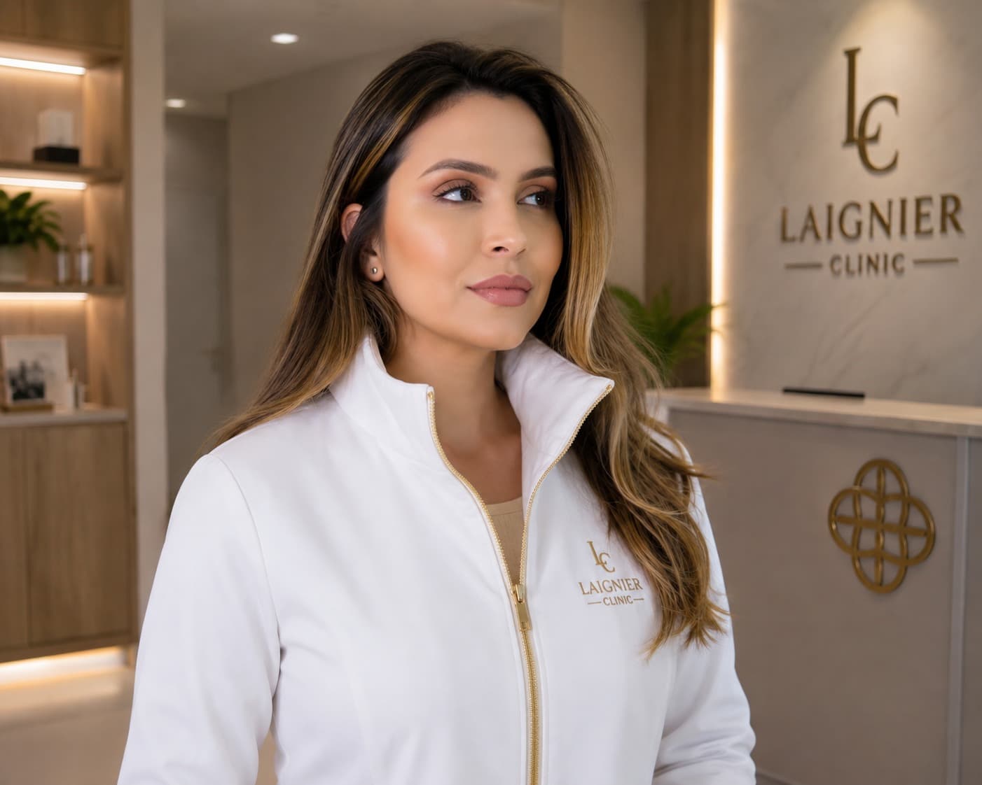 Dra. Nicole Laignier, jaleco branco curto, junto à parede com o logo LC